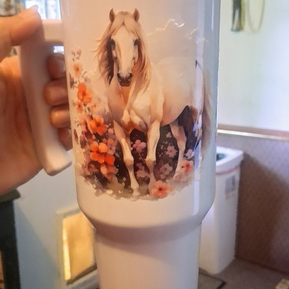 Other - White Tumbler with Horse and Floral Design